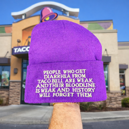People who get are weak embroidered on a purple beanie