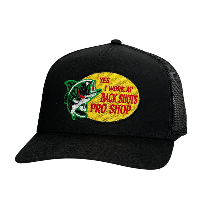 YES I WORK AT BACK SHOTS PRO SHOP Hat Custom Embroidered