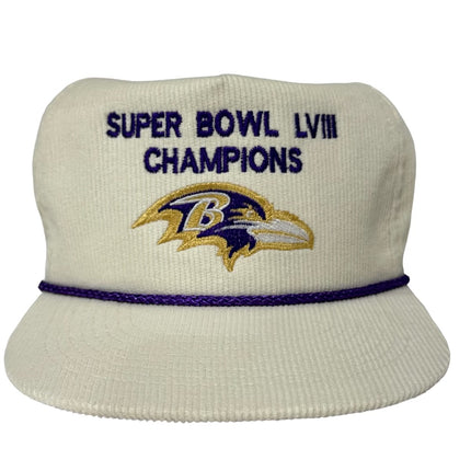 Super Bowl LVIII Champions Baltimore Ravens Corduroy White/Purple Rope Snapback Custom Embroidered ￼