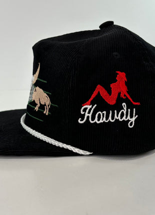 ￼ Buffalo & Cow Skull Rope black corduroy SNAPBACK Cap HAT Custom Embroidered