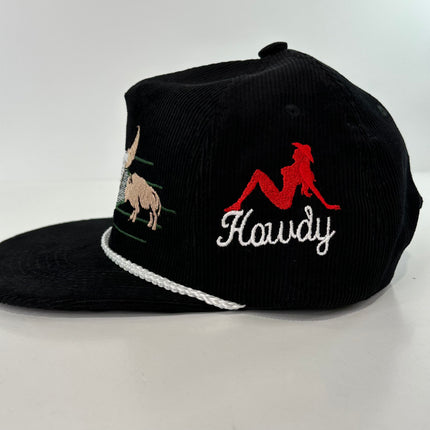 ￼ Buffalo & Cow Skull Rope black corduroy SNAPBACK Cap HAT Custom Embroidered