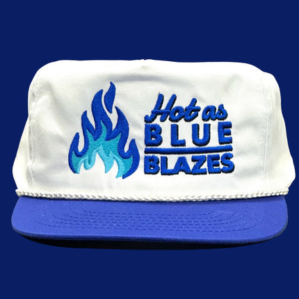 Hot as Blue Blazes on a white crown Blue Brim Rope Snapback Hat Cap Collab Justin Stagner Custom Embroidery