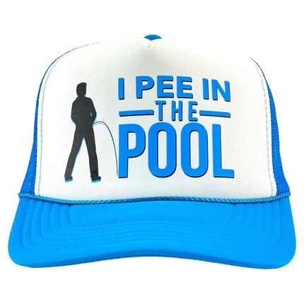 I pee in the pool custom print on a blue mesh trucker SnapBack hat cap Collab Justin stagner