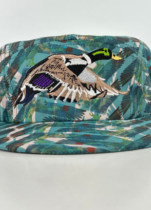 Mallard Duck Hunting on a feathered print 5 panel SnapBack Hat Cap