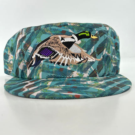 Mallard Duck Hunting on a feathered print 5 panel SnapBack Hat Cap