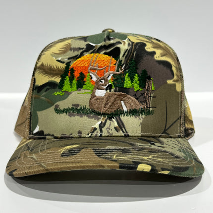 Deer Scenery CAMO Camouflage Mesh Trucker SnapBack Hat Deer Hunting Cap Custom Embroidered