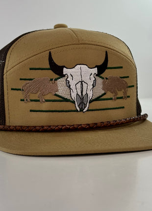 Buffalo & Cow Skull 7 Panel Leather Rope SNAPBACK Mesh Trucker Cap HAT Custom Embroidered