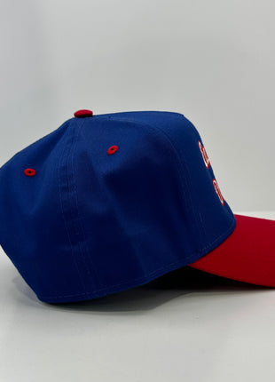 East Coast dirtbag on a blue and red snapback hat cap Collab cut the activist custom embroidery ￼
