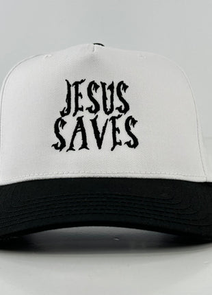 JESUS SAVES Black White SnapBack Baseball Cap Hat Custom Embroidered