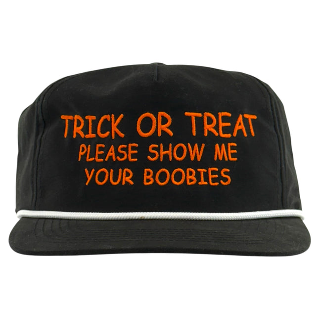 Trick or Treat Funny Halloween Hat Adult Humor Vintage Snapback Black & Orange Custom Embroidered Cap