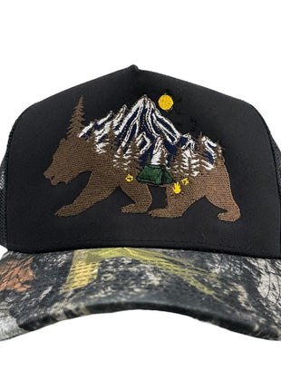 Bear mountain on a black crown black mesh camo brim custom embroidery