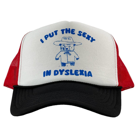 I put the sexy in dyslexia custom print on a red white and blue trucker mesh SnapBack hat cap ￼