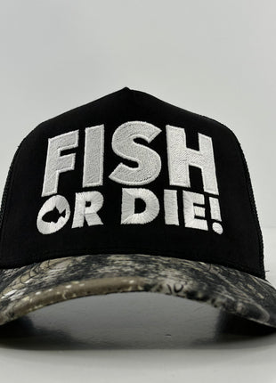 FISH OR DIE Black Mesh CAMO Trucker Cap Hat Custom Embroidered