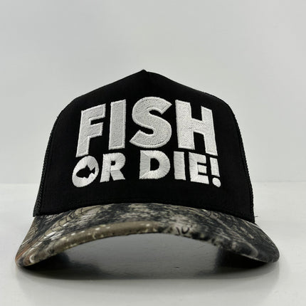 FISH OR DIE Black Mesh CAMO Trucker Cap Hat Custom Embroidered