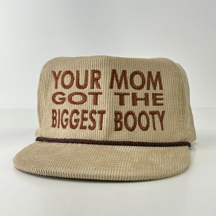 YOUR MOM GOT THE BIGGEST BOOTY Khaki Rope SnapBack Cap Hat Funny Custom Embroidered Collab Rowdy Roger