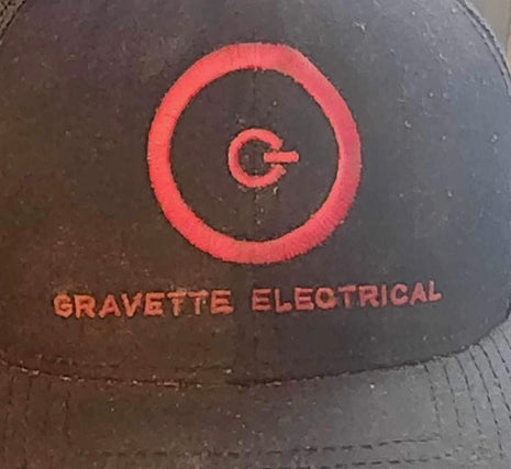 Custom order. Gravette Electrical logo. 20 light gray polos, 20 black hats custom embroidery ￼