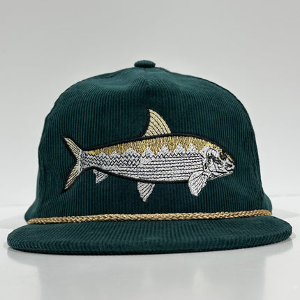 Bonefish Green Corduroy SnapBack Tall Crown Rope Cap Hat Fishing Custom Embroidery
