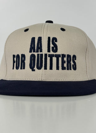 AA is for quitters in navy thread on khaki and navy Strapback hat custom embroidery