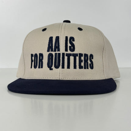 AA is for quitters in navy thread on khaki and navy Strapback hat custom embroidery