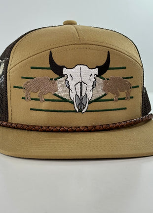 Buffalo & Cow Skull 7 Panel Leather Rope SNAPBACK Mesh Trucker Cap HAT Custom Embroidered