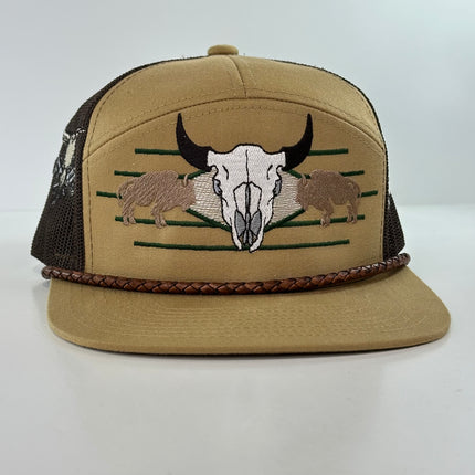Buffalo & Cow Skull 7 Panel Leather Rope SNAPBACK Mesh Trucker Cap HAT Custom Embroidered