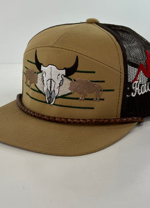Buffalo & Cow Skull 7 Panel Leather Rope SNAPBACK Mesh Trucker Cap HAT Custom Embroidered