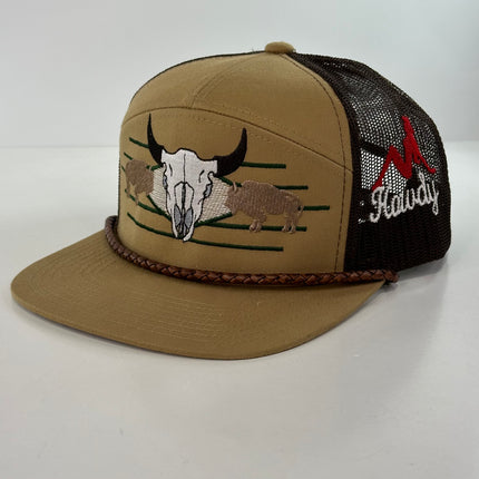 Buffalo & Cow Skull 7 Panel Leather Rope SNAPBACK Mesh Trucker Cap HAT Custom Embroidered