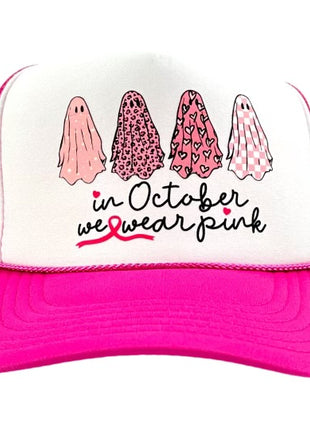 In October we wear a pink breast cancer awareness pink printed mesh trucker SnapBack hat cap
