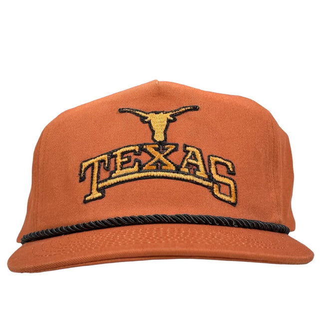 Longhorn vintage patch sewn on a Texas orange SnapBack hat cap with rope