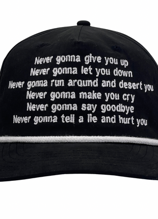 Never Gonna Give You Up Black/White Rope SnapBack Custom Embroidered