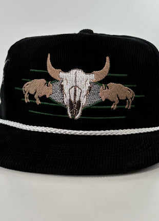 ￼ Buffalo & Cow Skull Rope black corduroy SNAPBACK Cap HAT Custom Embroidered