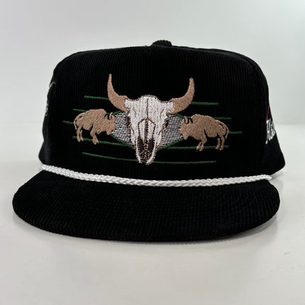 ￼ Buffalo & Cow Skull Rope black corduroy SNAPBACK Cap HAT Custom Embroidered