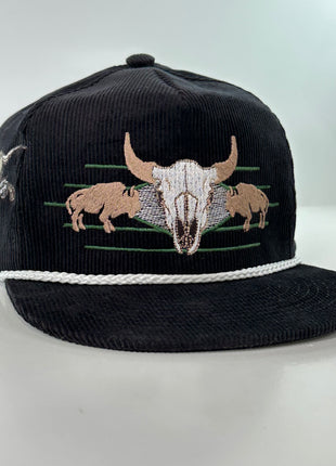 ￼ Buffalo & Cow Skull Rope black corduroy SNAPBACK Cap HAT Custom Embroidered