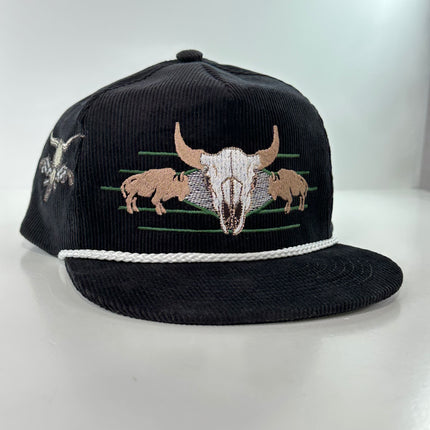 ￼ Buffalo & Cow Skull Rope black corduroy SNAPBACK Cap HAT Custom Embroidered