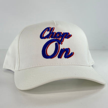 Chop on, on a white Snapback Hat Cap Collab Justin Stagner custom embroidery