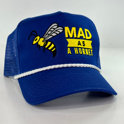 Mad as a hornet on a blue mesh rope Snapback hat cap Collab Justin Stagner Custom Embroidery
