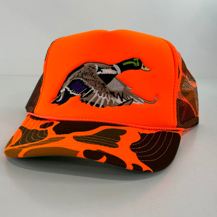 Mallard Duck Mesh Trucker SnapBack Orange CAMO Hunting Drake Mallard Hat Foam Front Cap Custom Embroidery