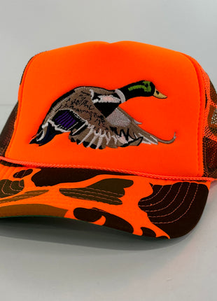 Mallard Duck Mesh Trucker SnapBack Orange CAMO Hunting Drake Mallard Hat Foam Front Cap Custom Embroidery