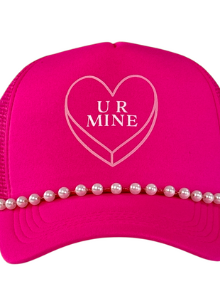 Ur mine you’re mine Valentine’s Day love printed SnapBack mesh trucker hat with pearl chain