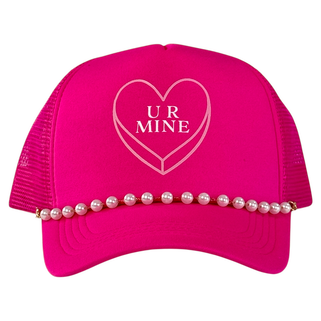 Ur mine you’re mine Valentine’s Day love printed SnapBack mesh trucker hat with pearl chain