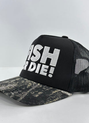 FISH OR DIE Black Mesh CAMO Trucker Cap Hat Custom Embroidered