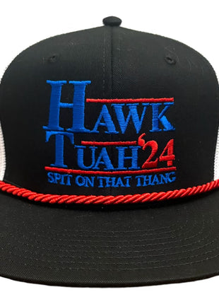Hawk Tuah 24 and ordered on a black and white mesh SnapBack hat cap with red rope custom embroidery ￼