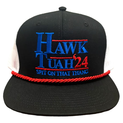 Hawk Tuah 24 and ordered on a black and white mesh SnapBack hat cap with red rope custom embroidery ￼