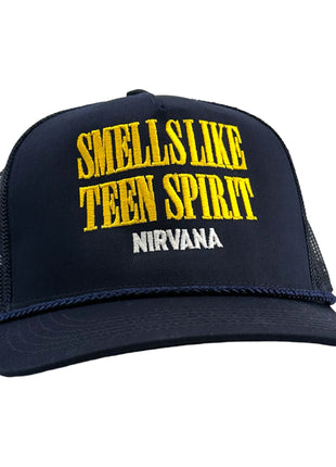 SMELLS LIKE TEEN SPIRIT NIRVANA NAVY MESH TRUCKER SNAPBACK CAP HAT CUSTOM EMBROIDERED