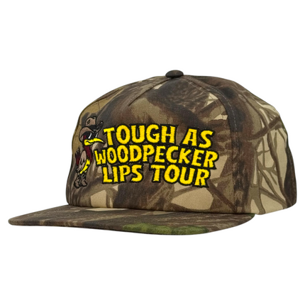 Tough as a woodpecker lips tour camo SnapBack hat Justin Stagner tour merch