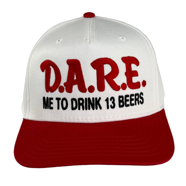 Dare me to on a red and white SnapBack Hat