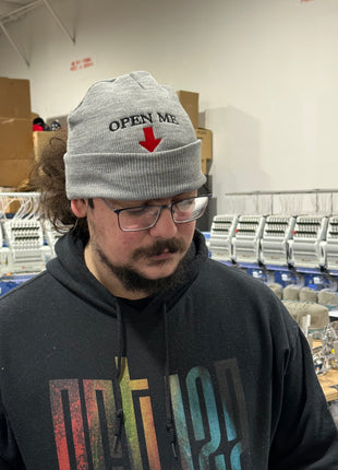 Funny Gray Open Me Beanie Custom Embroidery