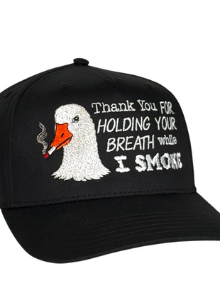 Thank You For Holding Your Breath While I Smoke Goose Trucker Hat Funny Smoking Humor Embroidered Hat