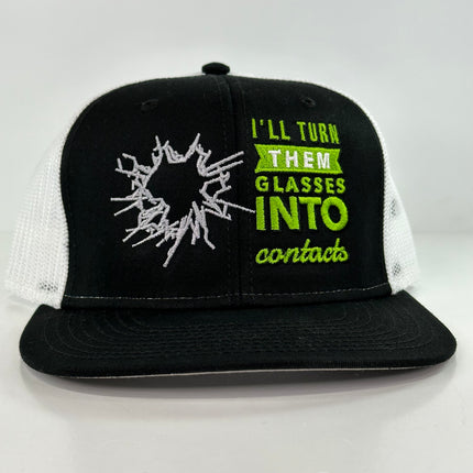 I’ll turn them glasses into contacts on a black white mesh Snapback Hat Cap Collab Justin Stagner Custom Embroidery