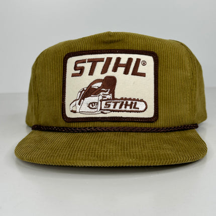 Custom Stihl patch on a Mustard Olive corduroy with Brown Rope SnapBack Patch Hat Cap